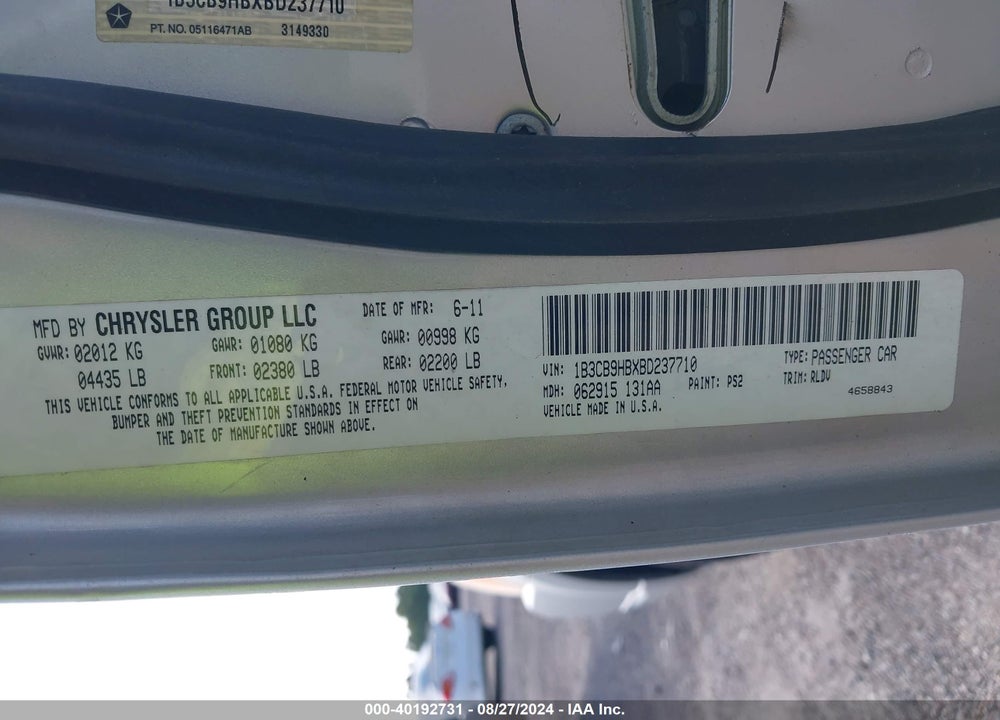 2011 DODGE CALIBER UPTOWN VIN: 1B3CB9HBXBD237710