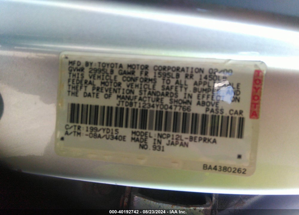 2000 TOYOTA ECHO VIN: JTDBT1234Y0047766