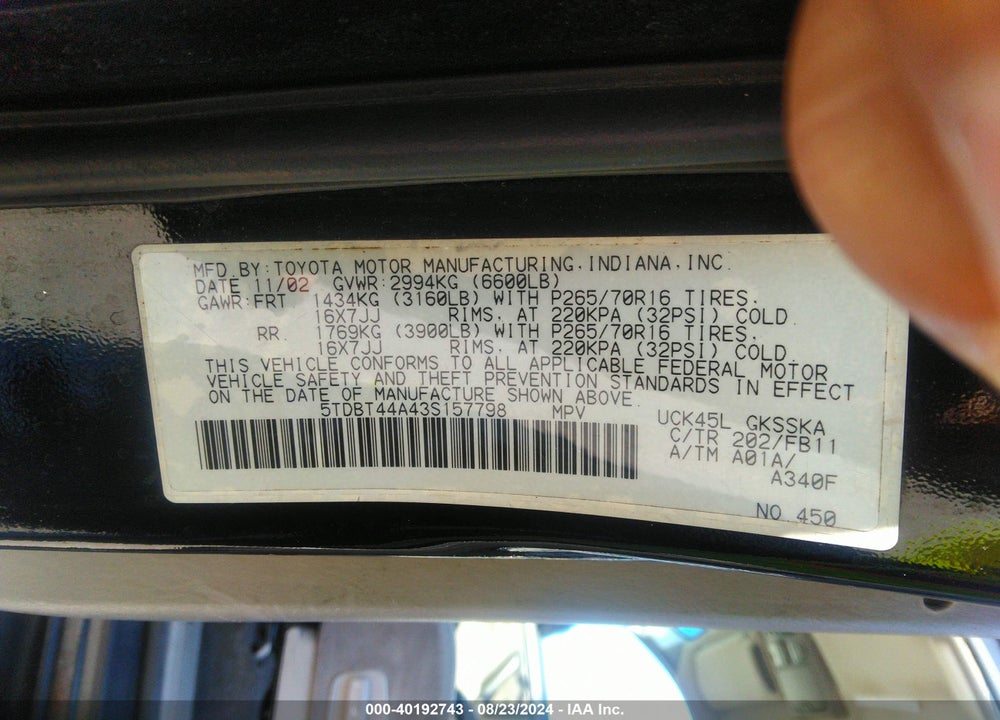 2003 TOYOTA SEQUOIA SR5 V8 VIN: 5TDBT44A43S157798