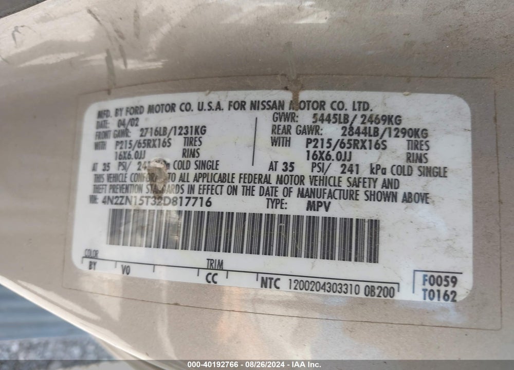 2002 NISSAN QUEST GXE VIN: 4N2ZN15T32D817716
