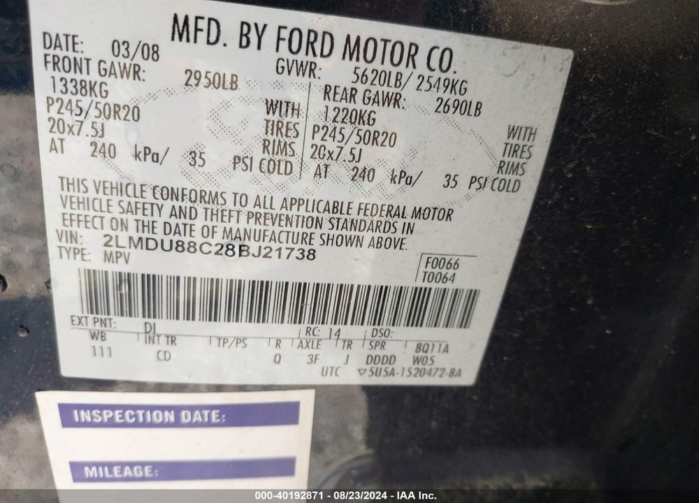 2008 LINCOLN MKX VIN: 2LMDU88C28BJ21738