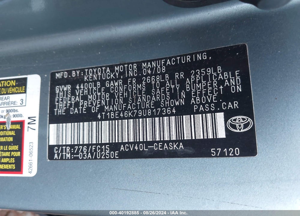 2009 TOYOTA CAMRY VIN: 4T1BE46K79U817364