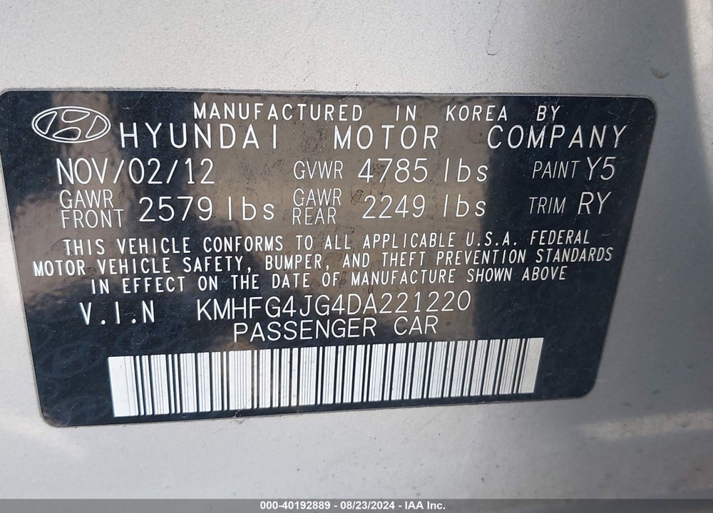 2013 HYUNDAI AZERA VIN: KMHFG4JG4DA221220