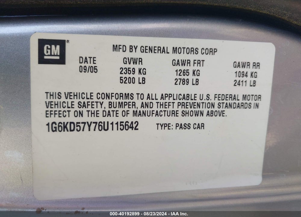 2006 CADILLAC DTS STANDARD VIN: 1G6KD57Y76U115642