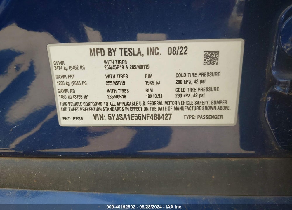 2022 TESLA MODEL S DUAL MOTOR ALL-WHEEL DRIVE VIN: 5YJSA1E56NF488427