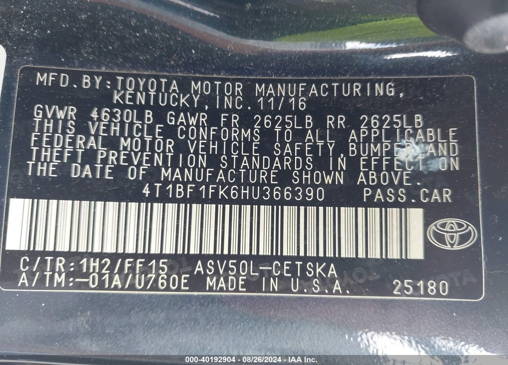2017 TOYOTA CAMRY SE VIN: 4T1BF1FK6HU366390
