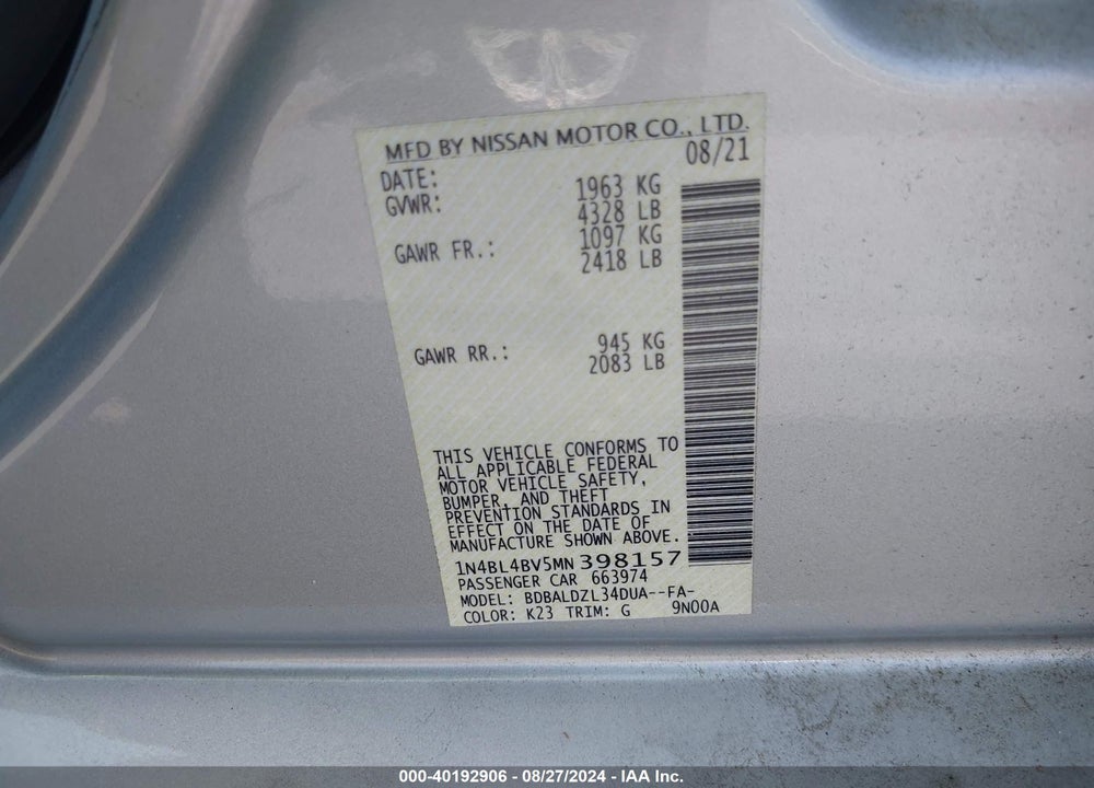 2021 NISSAN ALTIMA S FWD VIN: 1N4BL4BV5MN398157