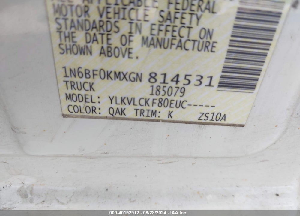 2016 NISSAN NV CARGO NV1500 S V6 VIN: 1N6BF0KMXGN814531