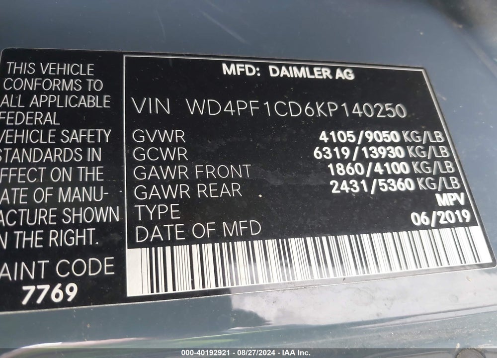 2019 MERCEDES-BENZ SPRINTER 2500 VIN: WD4PF1CD6KP140250