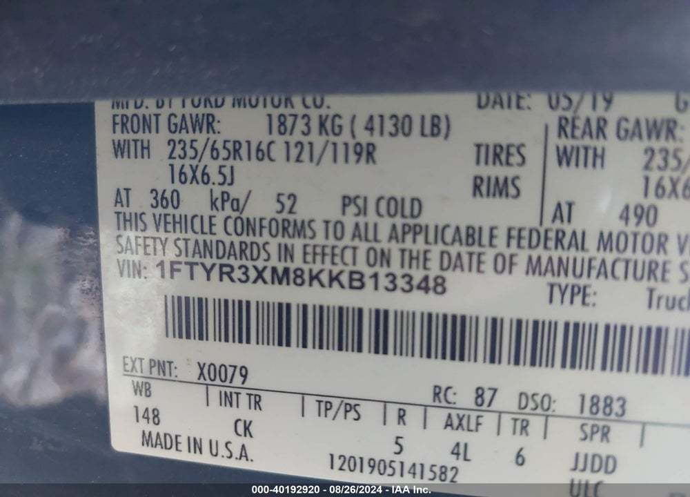 2019 FORD TRANSIT-250 VIN: 1FTYR3XM8KKB13348