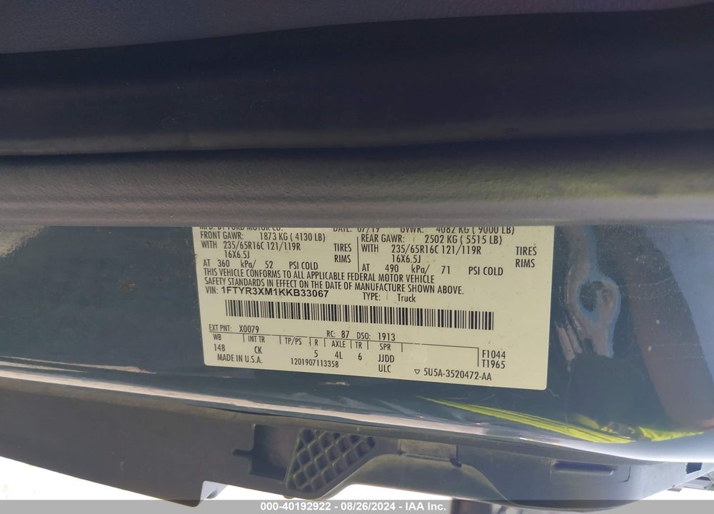 2019 FORD TRANSIT-250 VIN: 1FTYR3XM1KKB33067