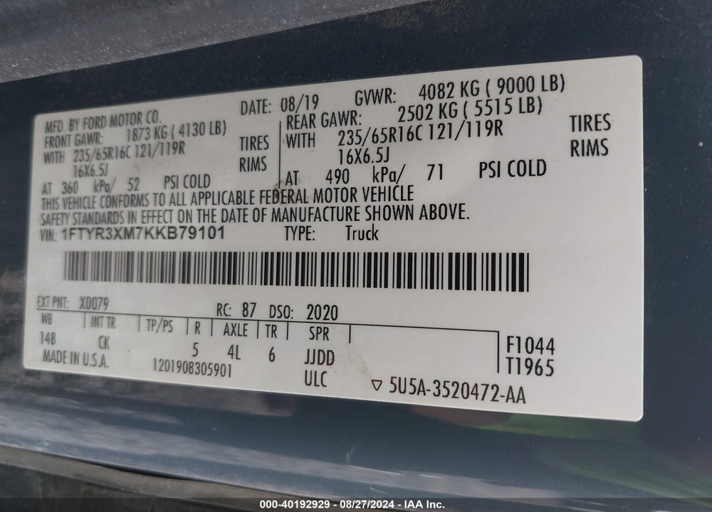 2019 FORD TRANSIT-250 VIN: 1FTYR3XM7KKB79101