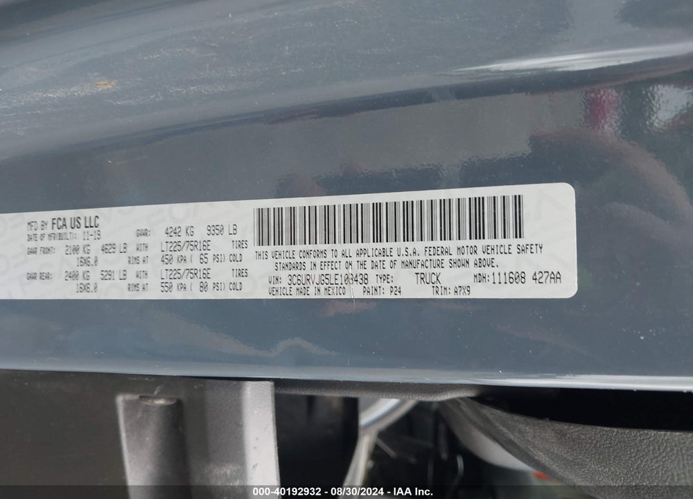 2020 RAM PROMASTER 3500 CARGO VAN HIGH ROOF 159 WB EXT VIN: 3C6URVJG5LE108438