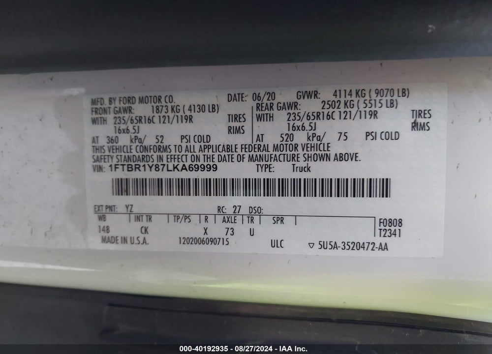 2020 FORD TRANSIT-250 VIN: 1FTBR1Y87LKA69999