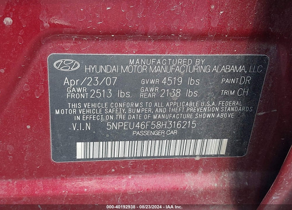 2008 HYUNDAI SONATA LIMITED V6/SE V6 VIN: 5NPEU46F58H316215