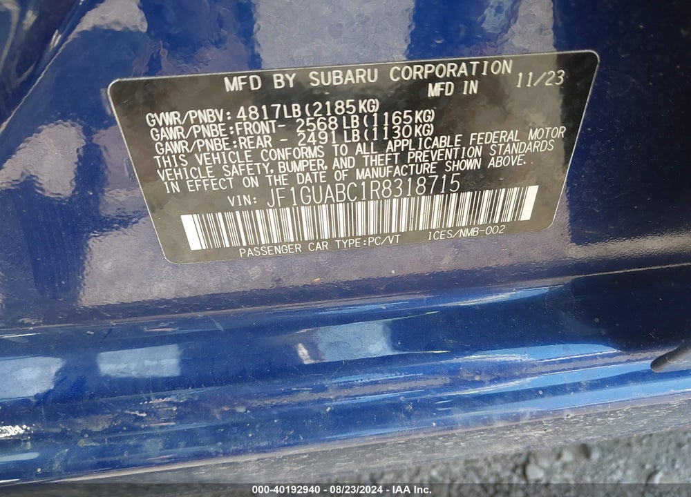 2024 SUBARU IMPREZA BASE 5-DOOR VIN: JF1GUABC1R8318715