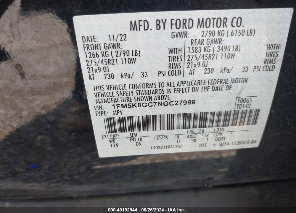 2022 FORD EXPLORER ST VIN: 1FM5K8GC7NGC27999
