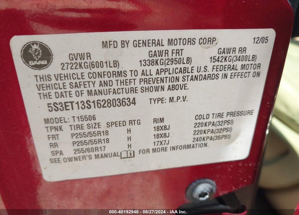 2006 SAAB 9-7X 4.2I VIN: 5S3ET13S162803634