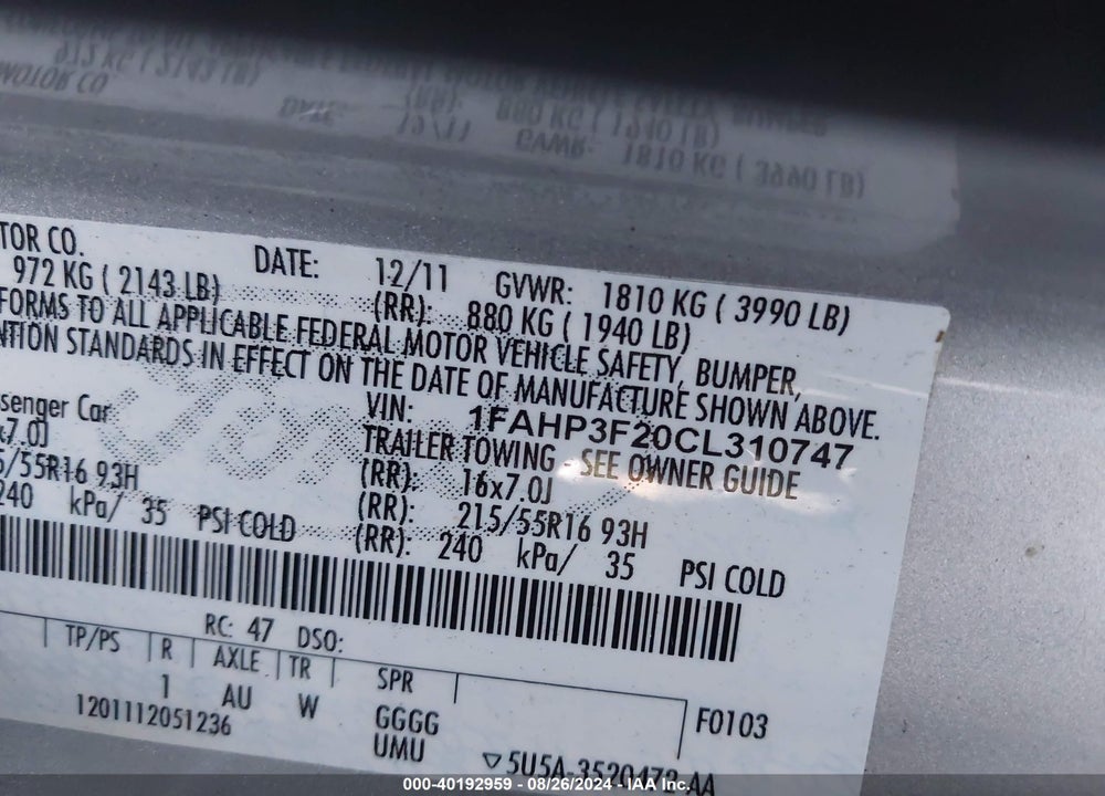 2012 FORD FOCUS SE VIN: 1FAHP3F20CL310747