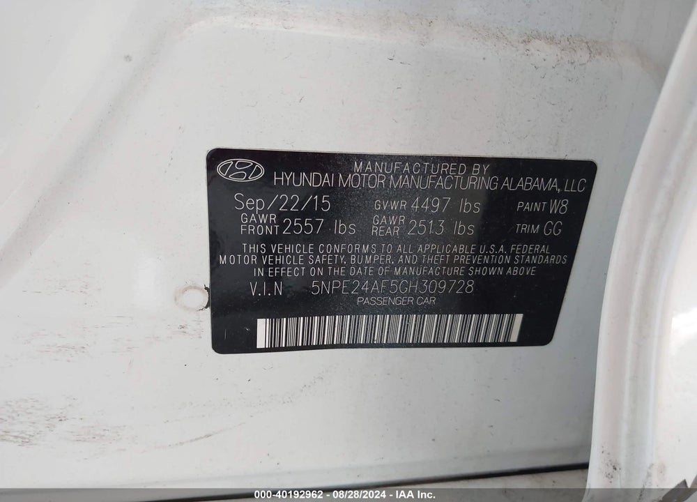 2016 HYUNDAI SONATA SE VIN: 5NPE24AF5GH309728