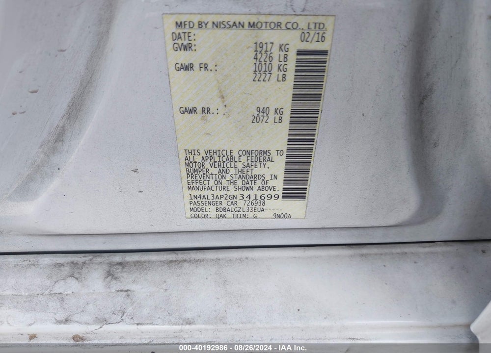 2016 NISSAN ALTIMA 2.5 S VIN: 1N4AL3AP2GN341699