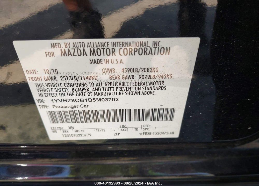 2011 MAZDA 6 VIN: 1YVHZ8CB1B5M03702