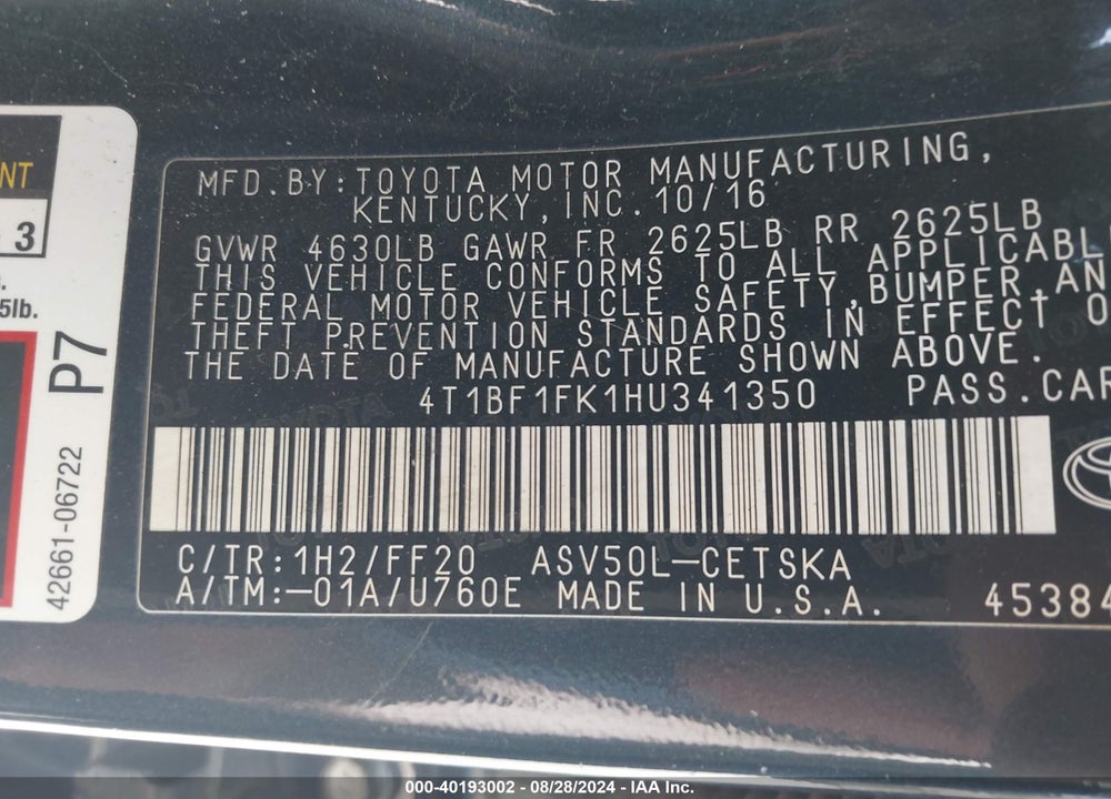 2017 TOYOTA CAMRY SE VIN: 4T1BF1FK1HU341350
