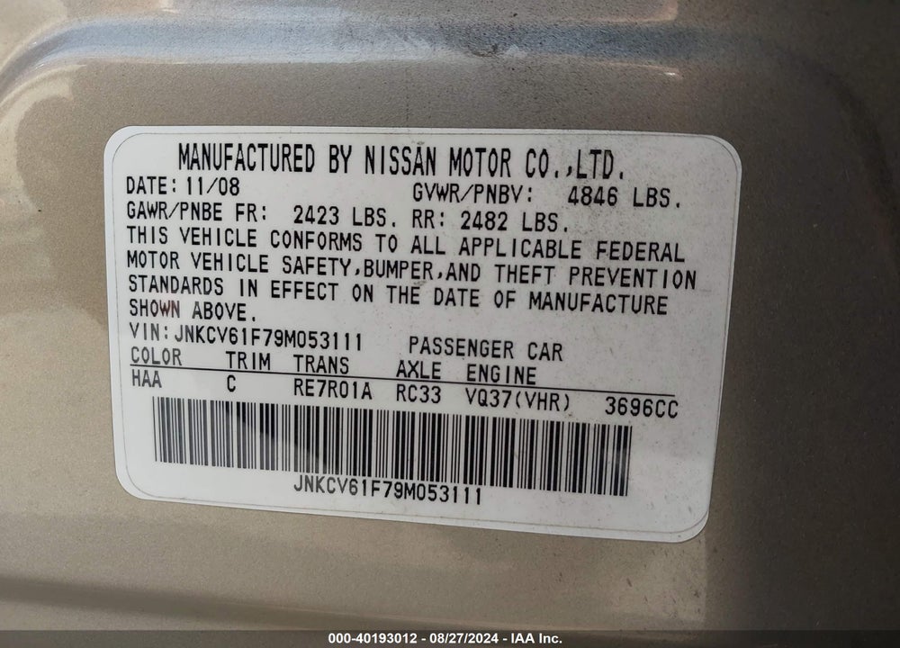 2009 INFINITI G37X VIN: JNKCV61F79M053111
