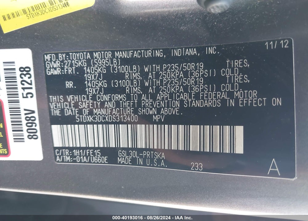 2013 TOYOTA SIENNA SE 8 PASSENGER VIN: 5TDXK3DCXDS313400