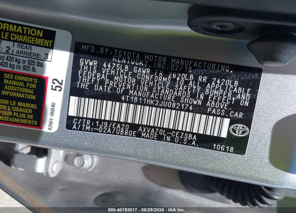 2018 TOYOTA CAMRY SE VIN: 4T1B11HK2JU082174