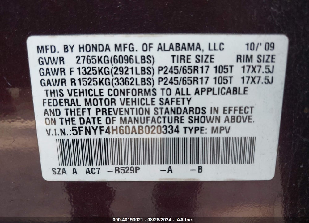 2010 HONDA PILOT EX-L VIN: 5FNYF4H60AB020334