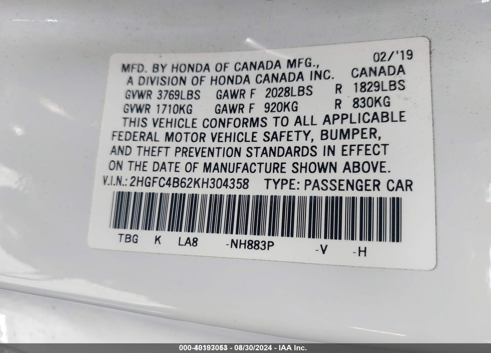 2019 HONDA CIVIC LX VIN: 2HGFC4B62KH304358