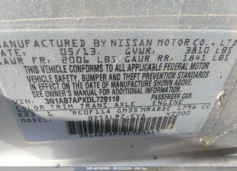 2013 NISSAN SENTRA SR VIN: 3N1AB7APXDL729119