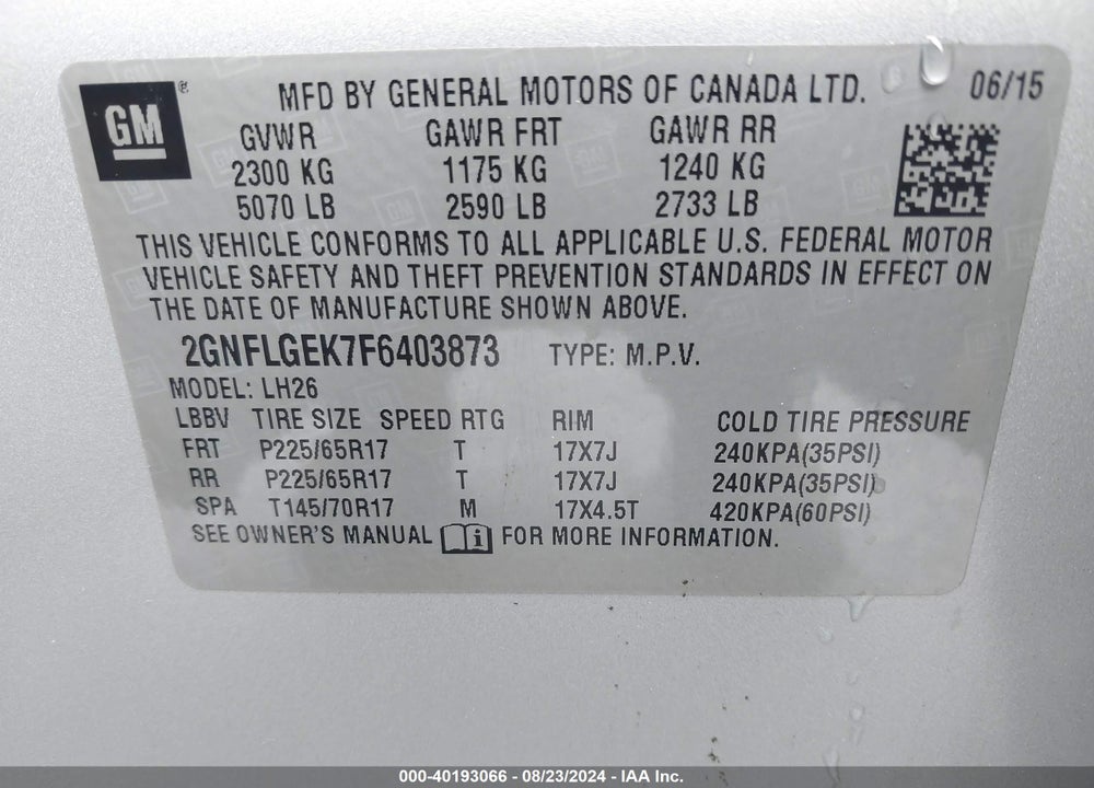 2015 CHEVROLET EQUINOX 2LT VIN: 2GNFLGEK7F6403873