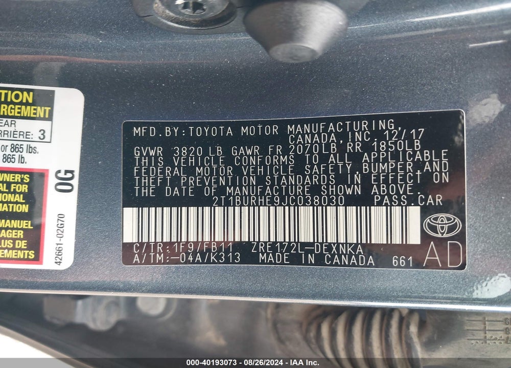 2018 TOYOTA COROLLA LE VIN: 2T1BURHE9JC038030