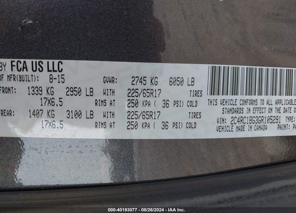 2016 CHRYSLER TOWN & COUNTRY TOURING VIN: 2C4RC1BG3GR105291