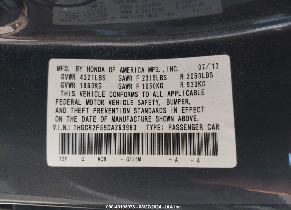 2013 HONDA ACCORD SPORT VIN: 1HGCR2F59DA263980