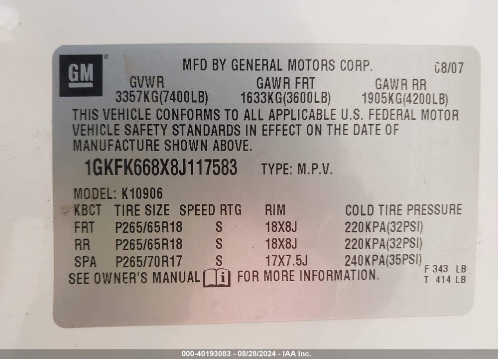 2008 GMC YUKON XL 1500 DENALI VIN: 1GKFK668X8J117583