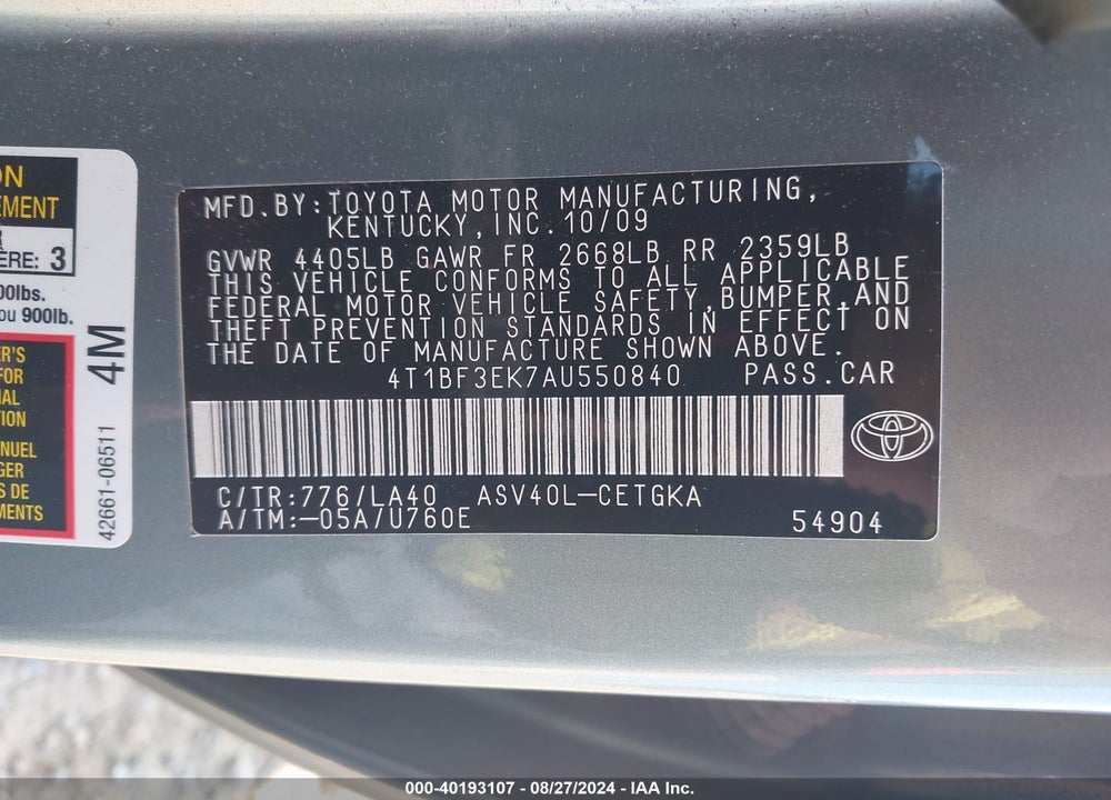 2010 TOYOTA CAMRY VIN: 4T1BF3EK7AU550840