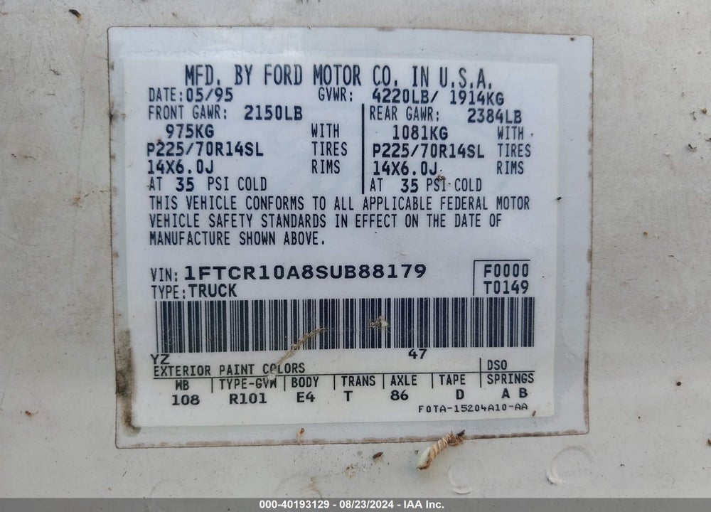 1995 FORD RANGER VIN: 1FTCR10A1SUC27534