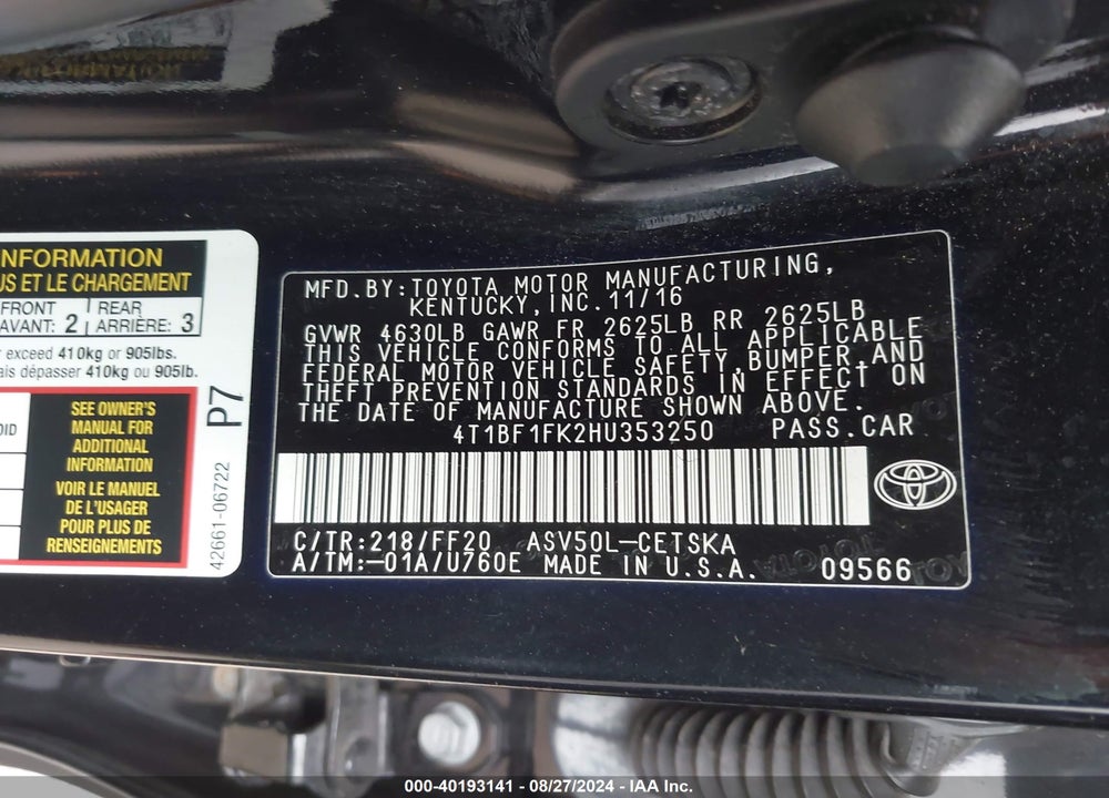 2017 TOYOTA CAMRY SE VIN: 4T1BF1FK2HU353250