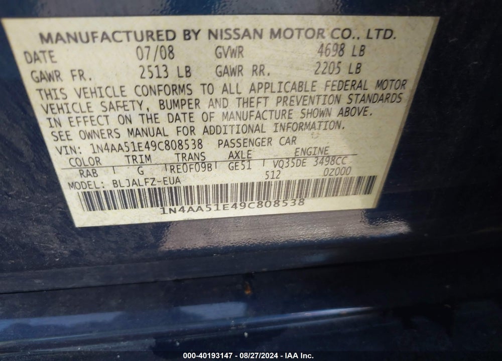 2009 NISSAN MAXIMA 3.5 SV VIN: 1N4AA51E49C808538