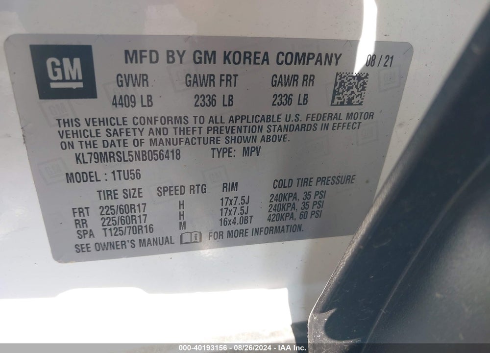 2022 CHEVROLET TRAILBLAZER AWD LT VIN: KL79MRSL5NB056418