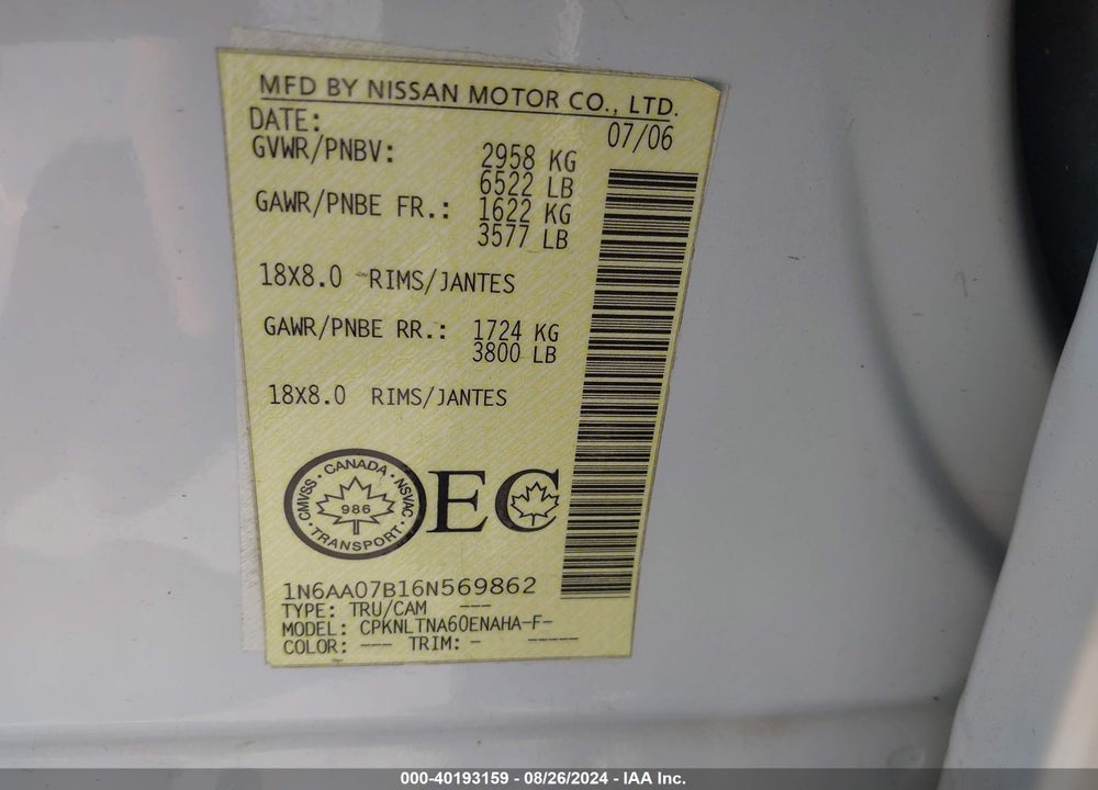2006 NISSAN TITAN LE VIN: 1N6AA07B16N569862