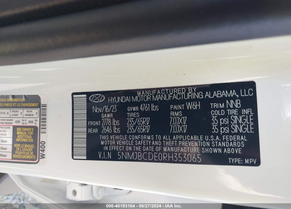 2024 HYUNDAI TUCSON SEL VIN: 5NMJBCDE0RH353065