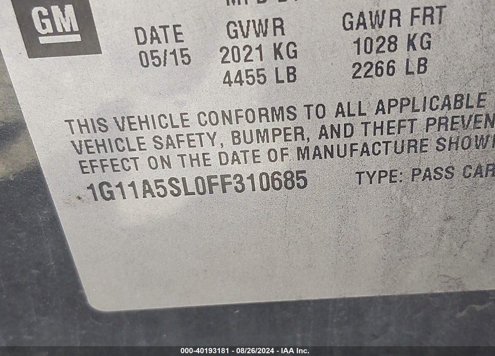2015 CHEVROLET MALIBU 1FL VIN: 1G11A5SL0FF310685