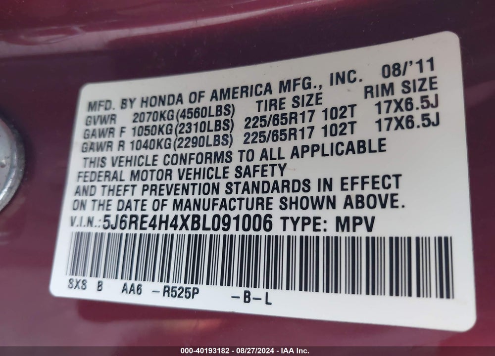 2011 HONDA CR-V SE VIN: 5J6RE4H4XBL091006