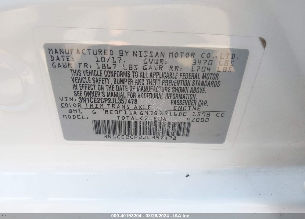 2018 NISSAN VERSA NOTE S VIN: 3N1CE2CP2JL357478