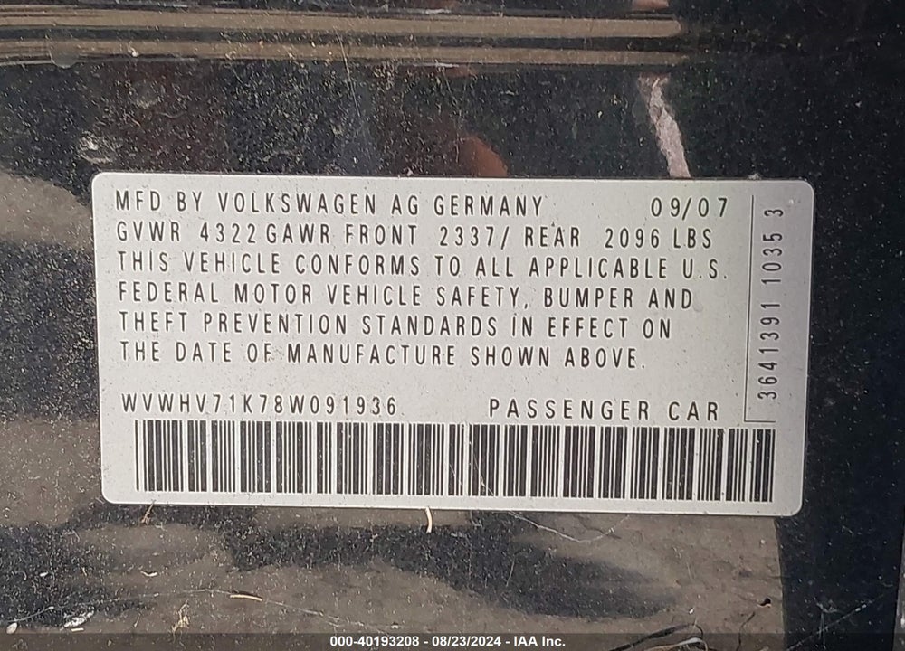 2008 VOLKSWAGEN GTI 4-DOOR VIN: WVWHV71K78W091936