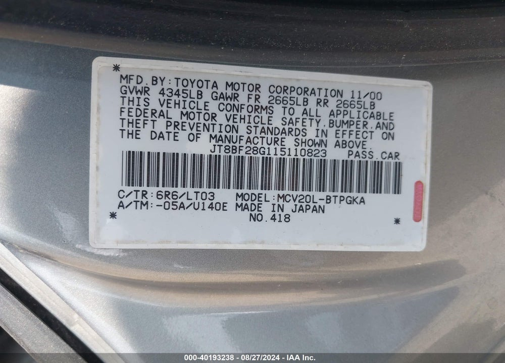 2001 LEXUS ES 300 VIN: JT8BF28G115110823